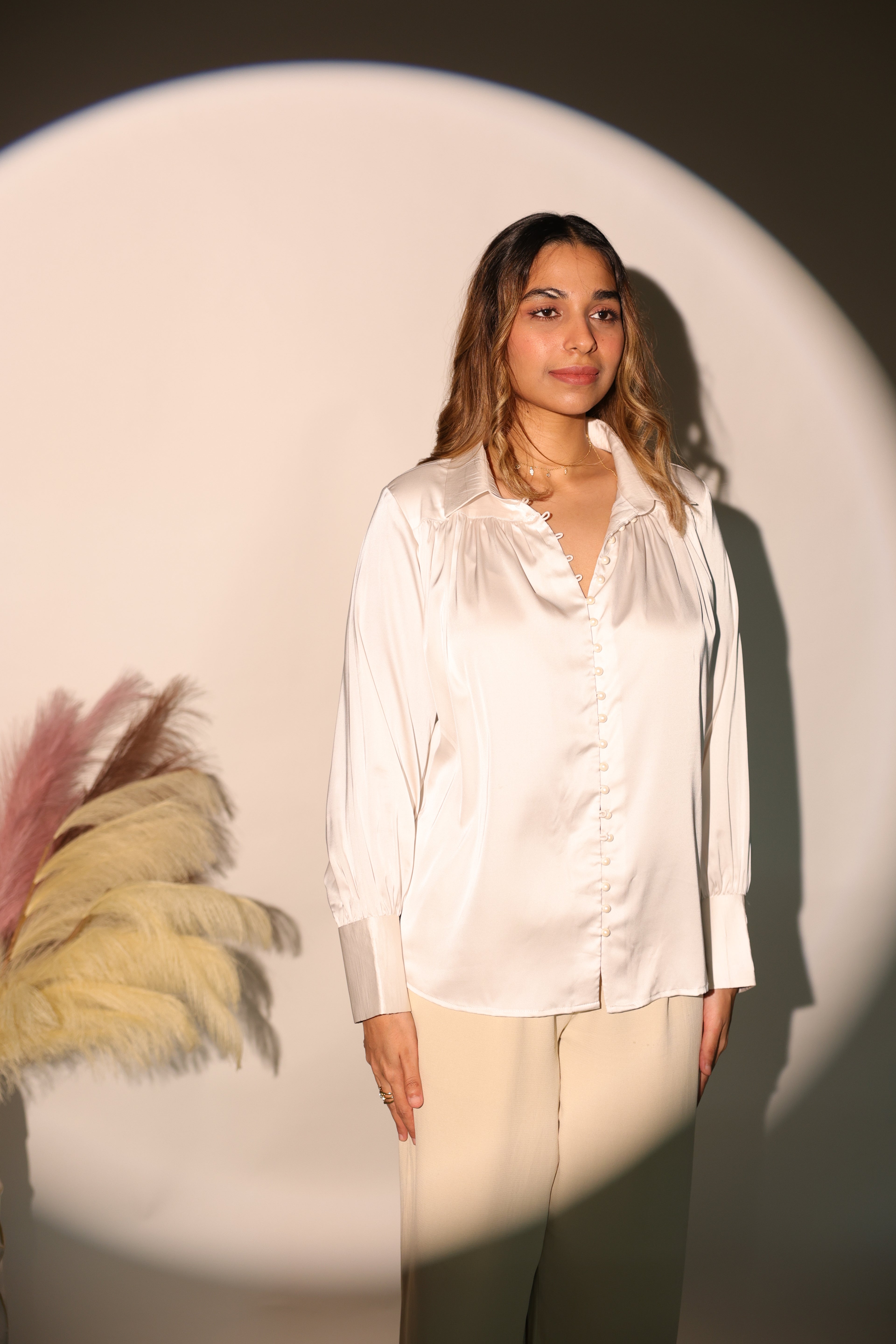 Ivory Satin Button-Down Shirt