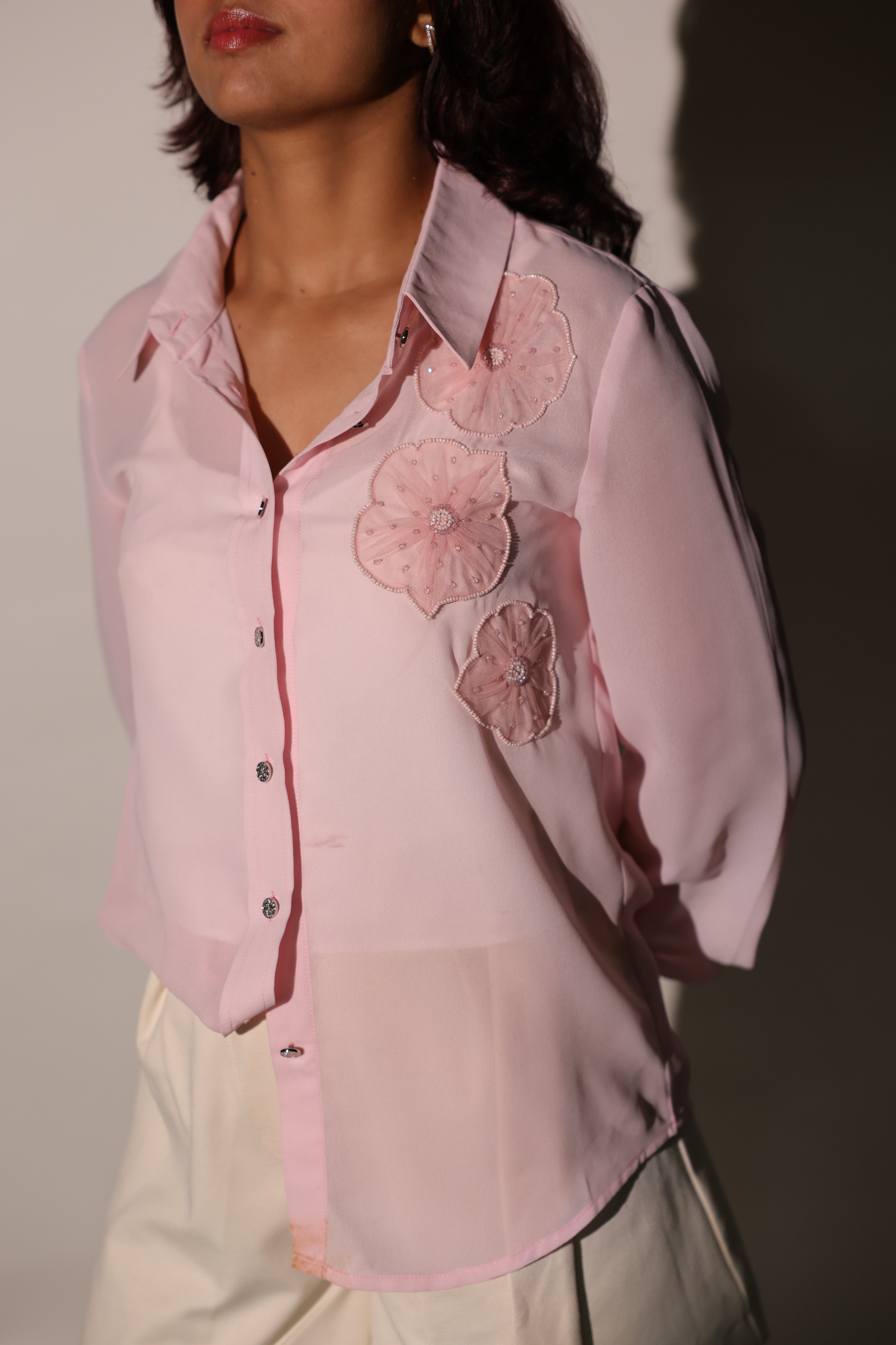 Blush Pink Hand-Embroidered Floral Shirt