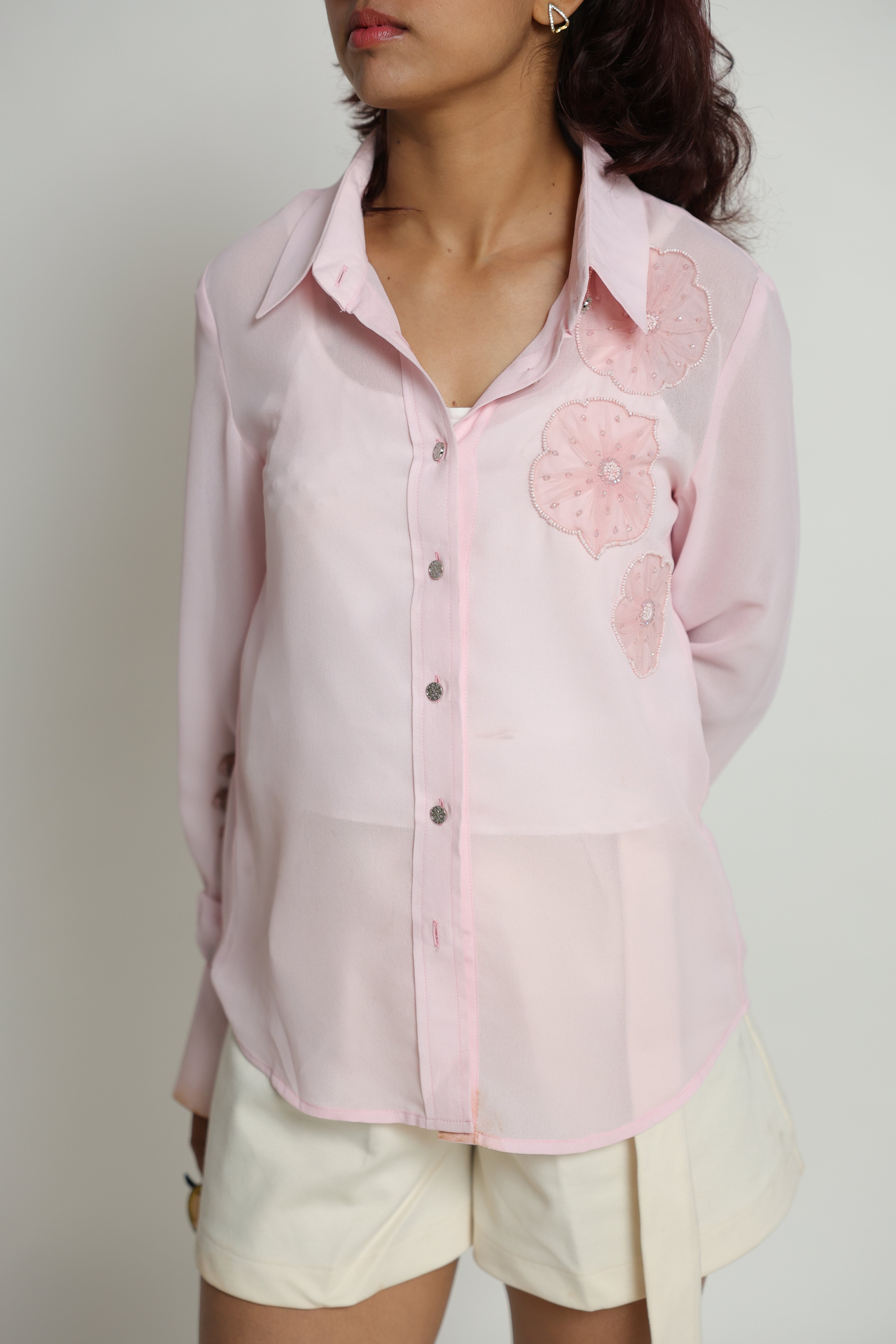 Blush Pink Hand-Embroidered Floral Shirt